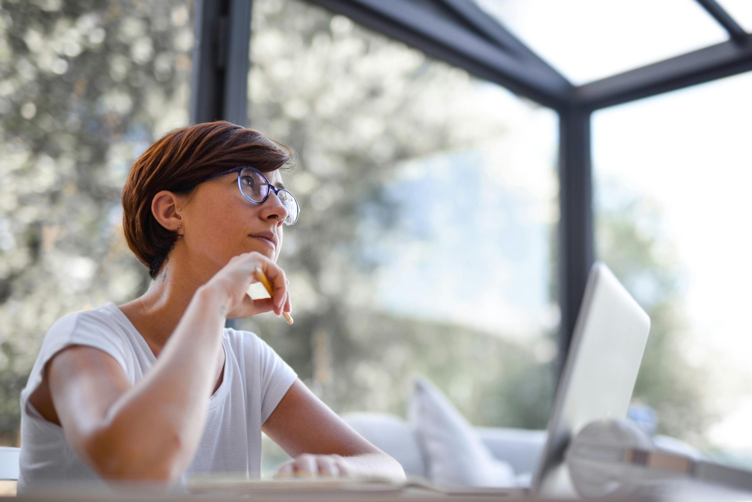 A woman researches facts about medical abortion on her laptop.